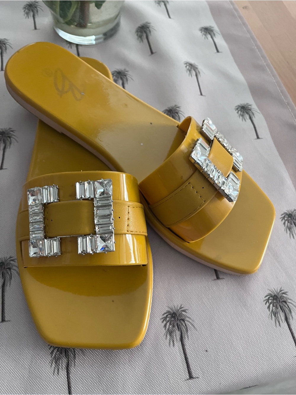 Women’s Yellow Jeweled Slide Sandals